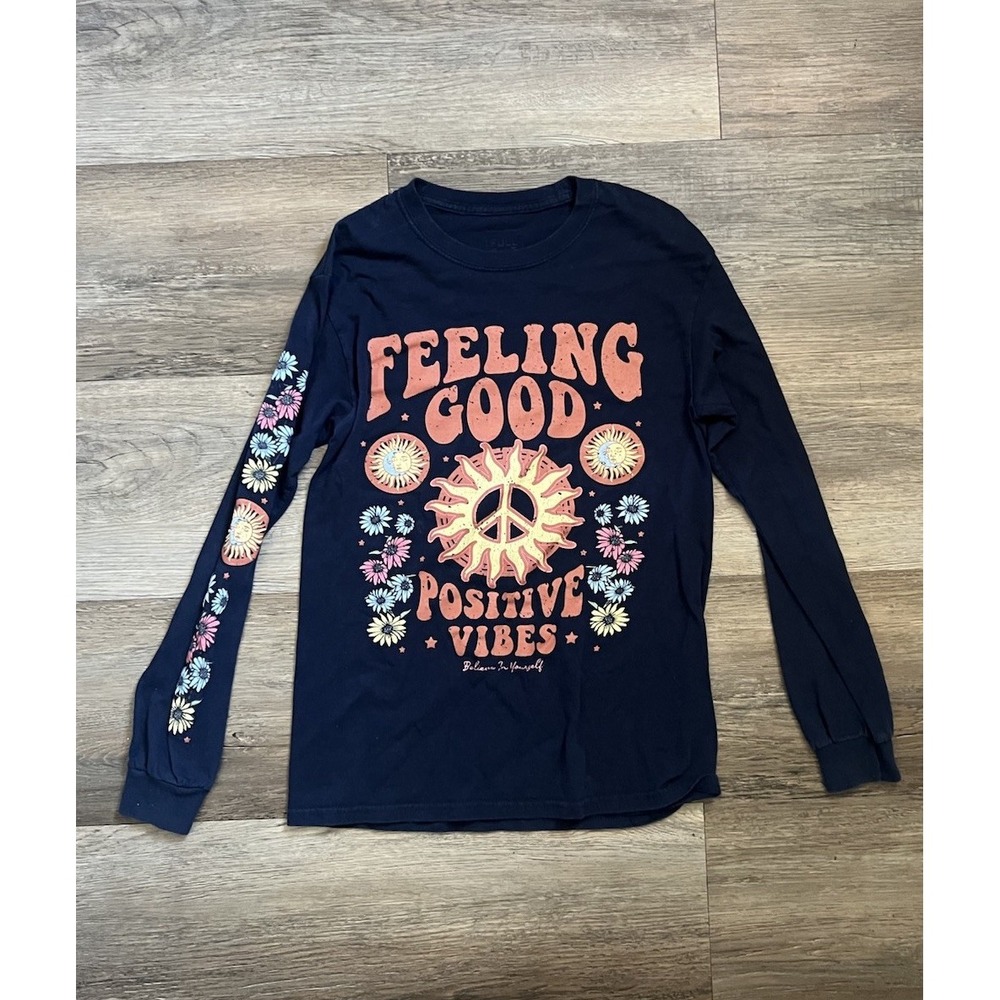 TILT Girls XS Navy Crew Neck Long Sleeve Graphic Print T-Shirt Peace Vibes